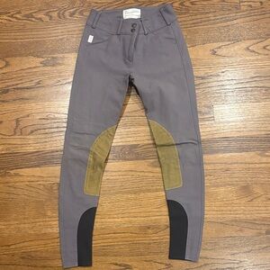 Gray/purple women’s tailored sportsman Riding Pants with Tan Patches size 24 reg